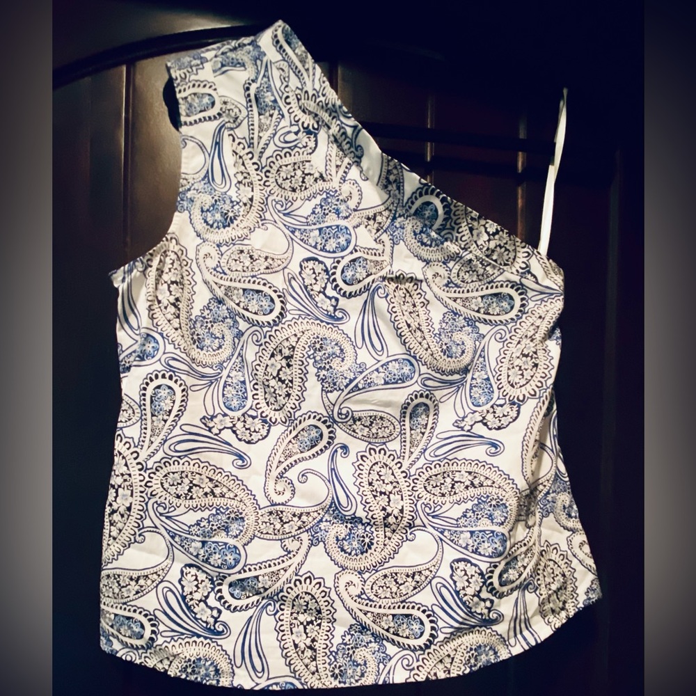 One shoulder white and blue blouse